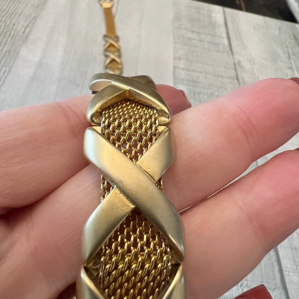 Vintage Gold Tone Metal Mesh Belt Criss Cross X’s 33.5-34.5” With Buckle Pretty!